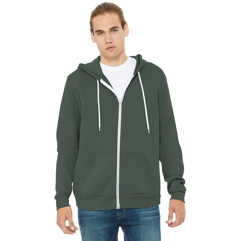 Unisex Sponge Fleece Full-Zip Hoodie | BC3739 with Embroidered Logo | Military Green | XL Unisex Sponge Fleece Full-Zip Hoodie | BC3739 with Embroidered Logo | Military Green | XL